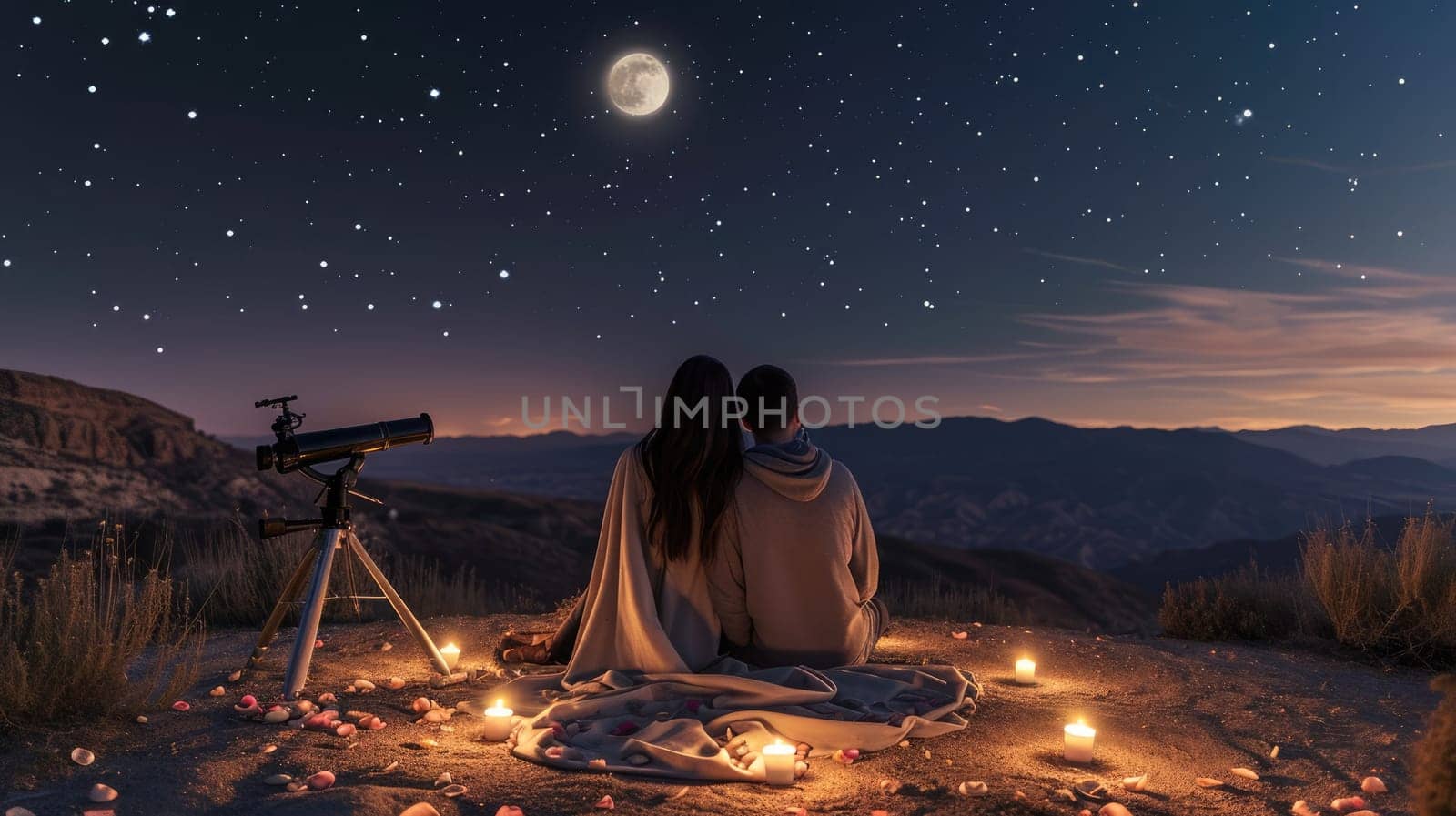 young couple looking out to romantic night sky in valentines day pragma