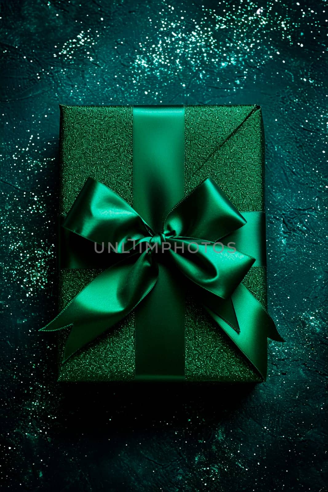 green gift box on a green background. Selective focus. happy.