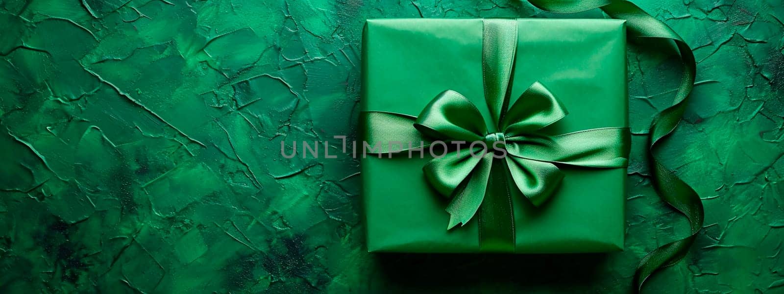 green gift box on a green background. Selective focus. by yanadjana
