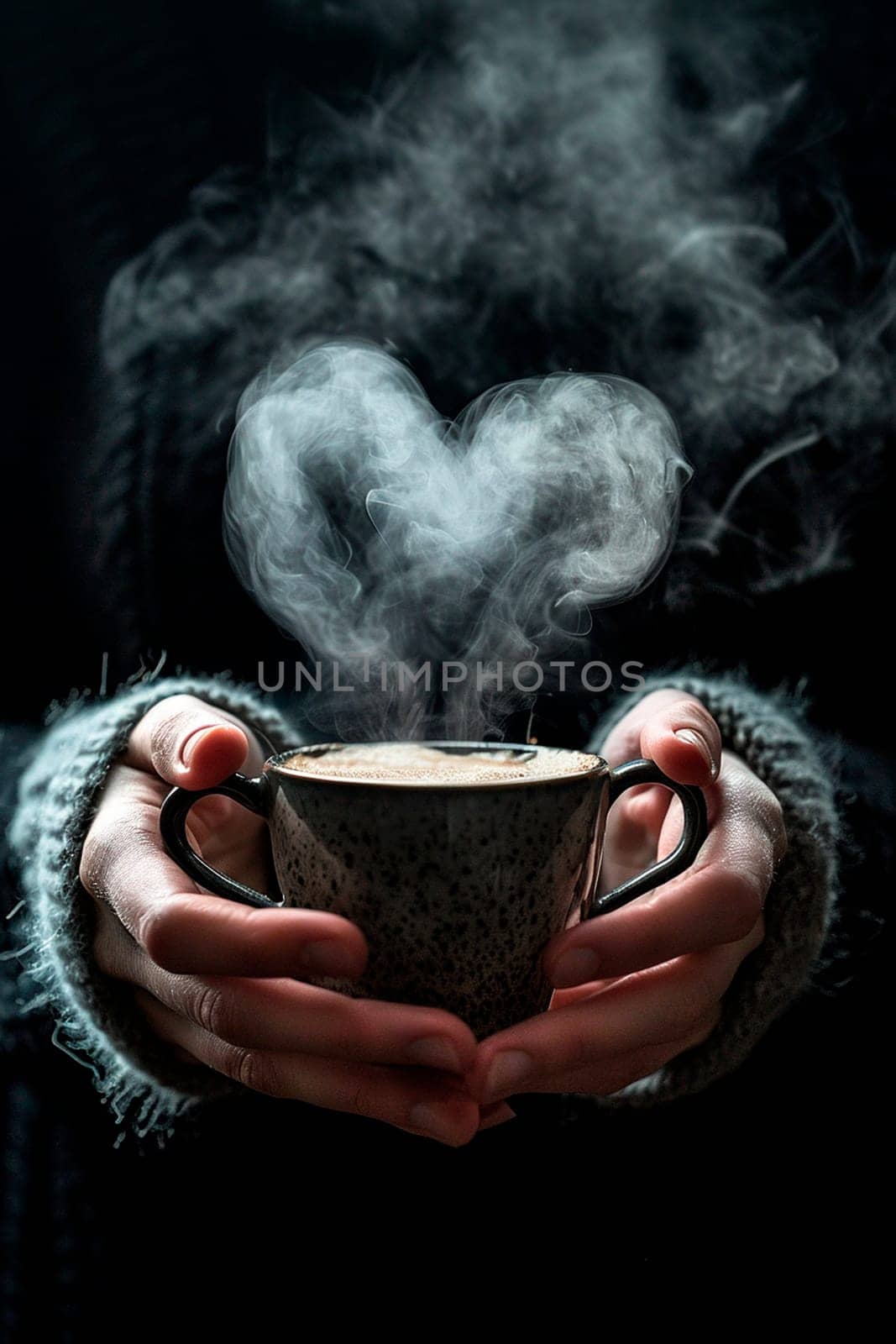 Coffee in a cup of smoke in the shape of a heart. Selective focus. by yanadjana