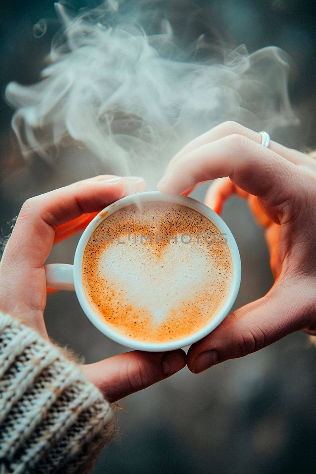 Coffee in a cup of smoke in the shape of a heart. Selective focus. Drink.