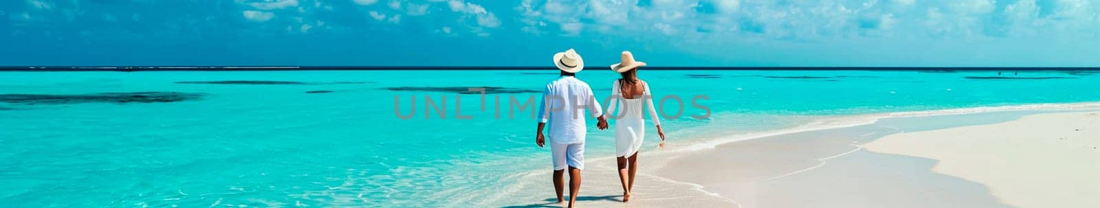 Lovers walk along the beach in the Maldives. Selective focus. Travel.