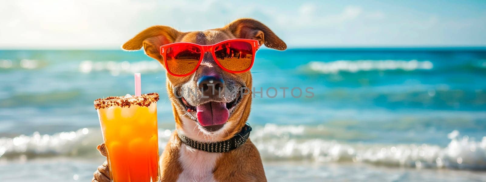 A dog drinks a cocktail on the beach wearing sunglasses. Selective focus. Drink.