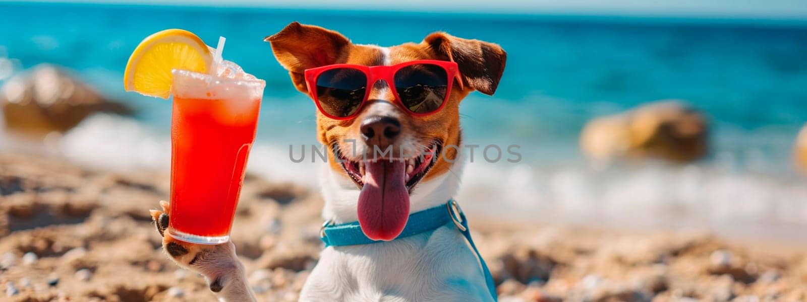 A dog drinks a cocktail on the beach wearing sunglasses. Selective focus. Drink.