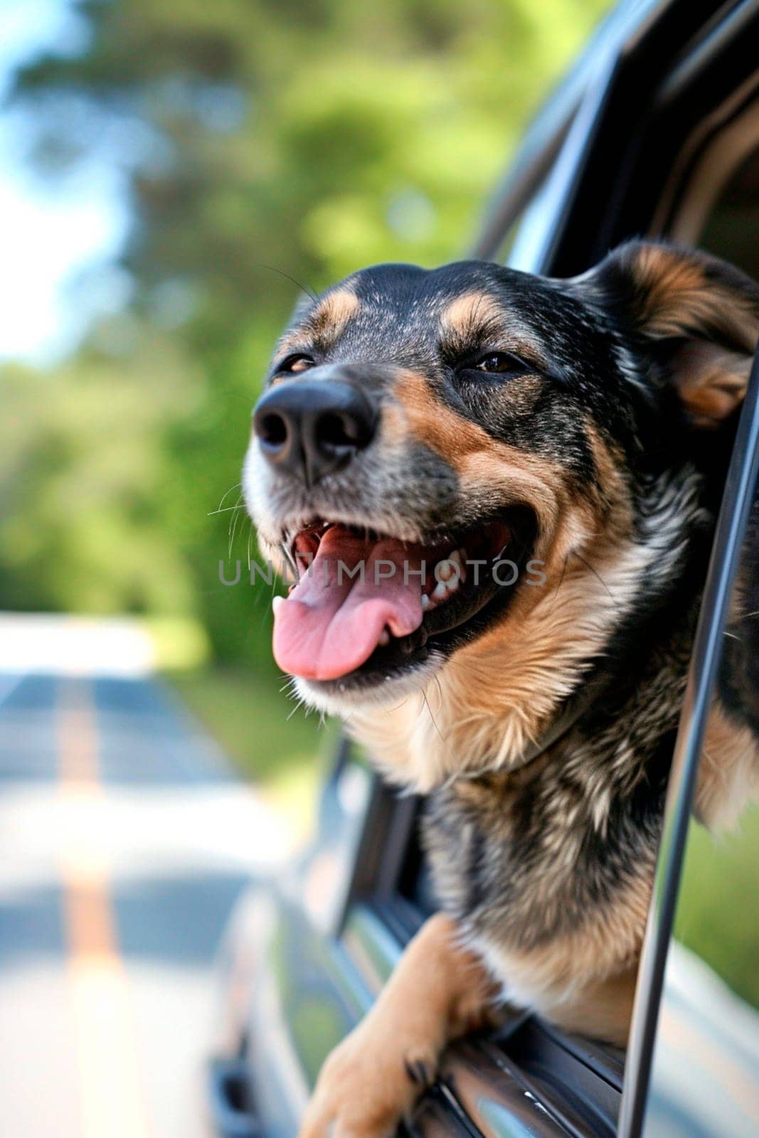 the dog looks out from the car window. Selective focus. by yanadjana