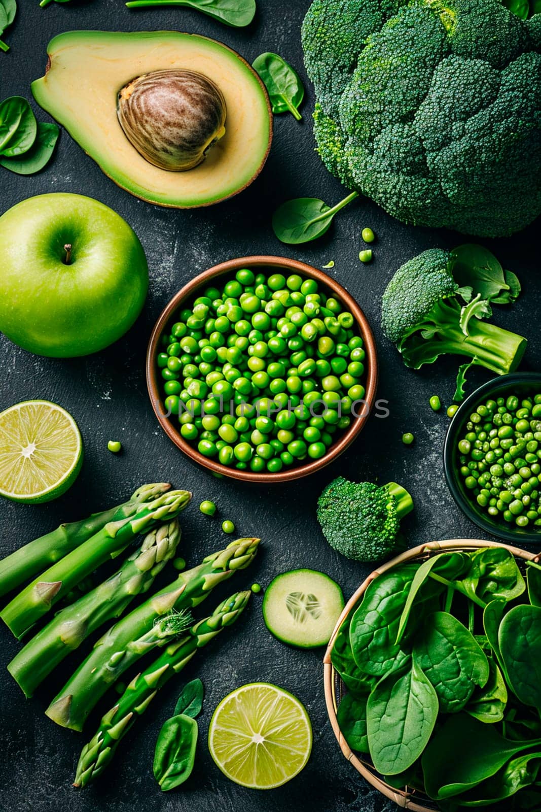 Green vegetables and fruits healthy eating. Selective focus. Food.