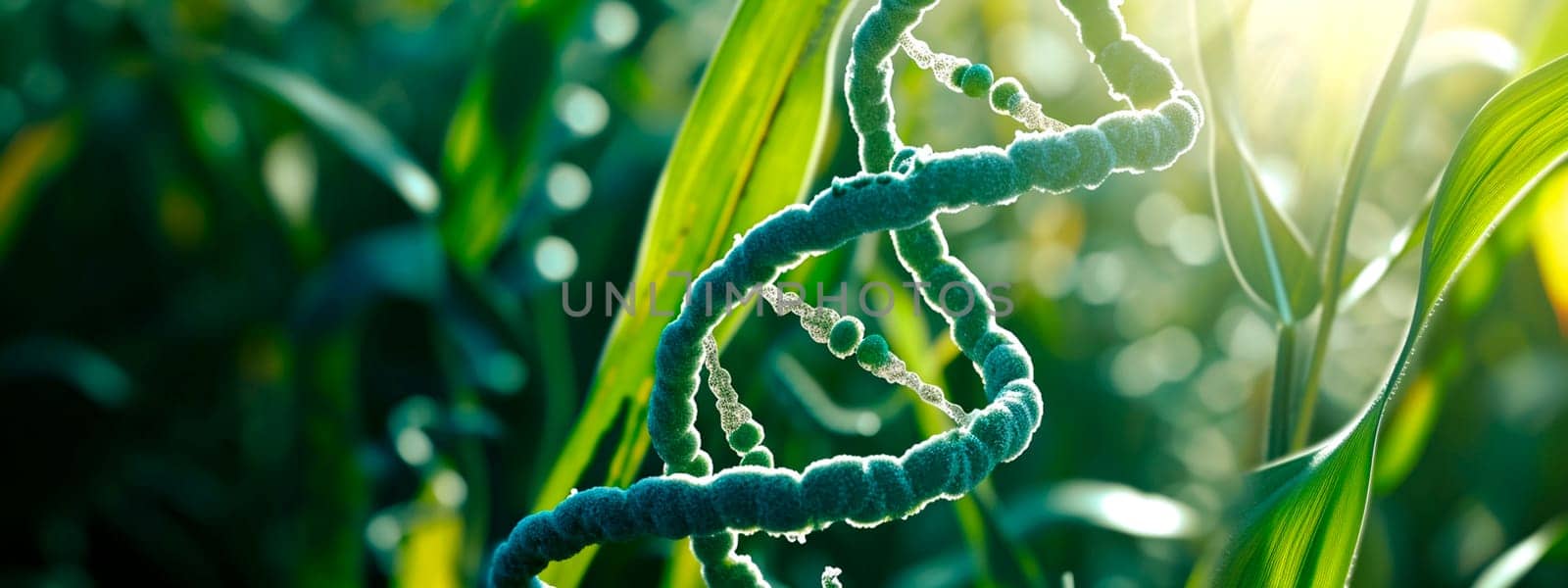 DNA on a background of green plant leaves. Selective focus. Nature.