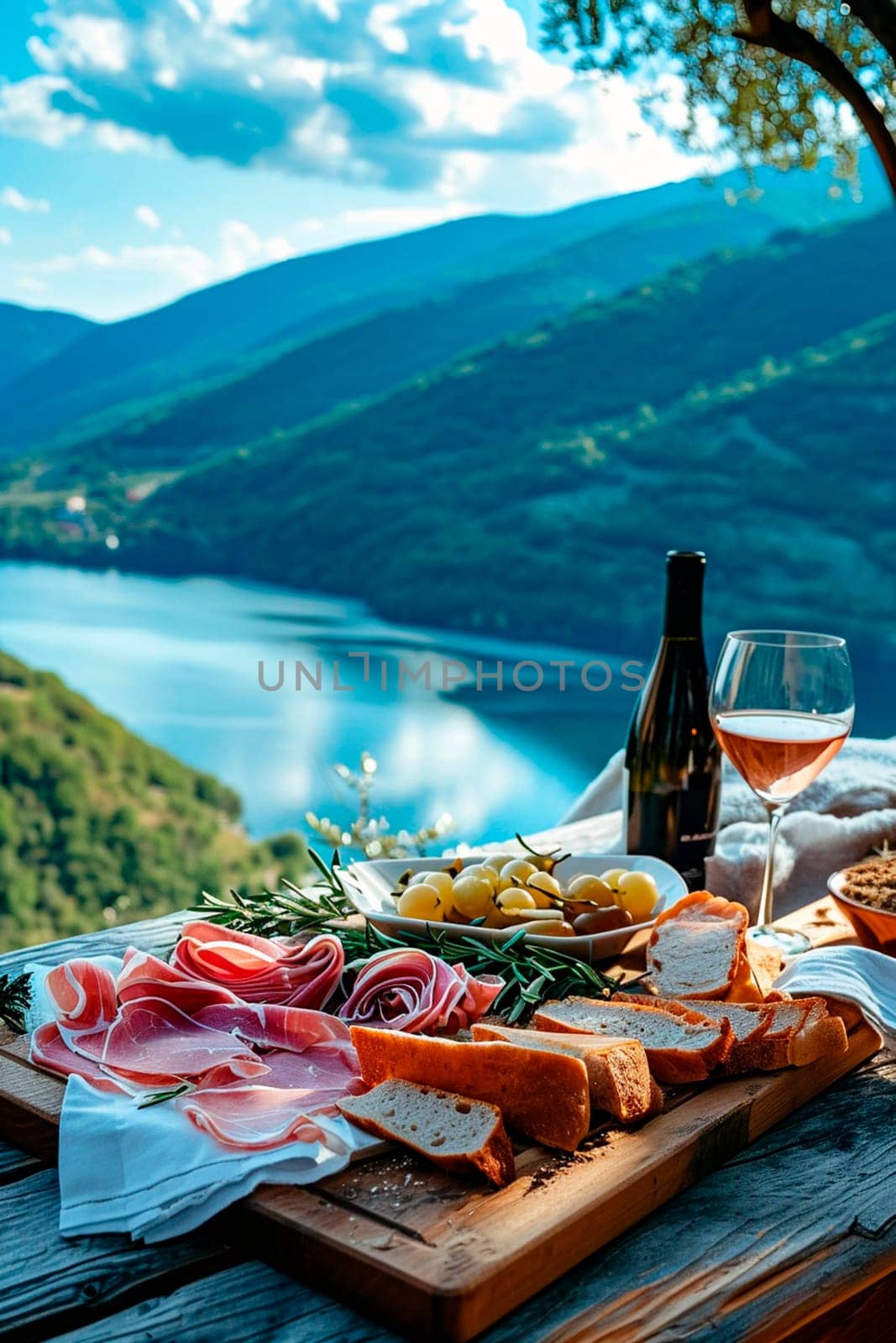 Sausages, cheeses and wine on the shore of a mountain lake. Selective focus. by yanadjana