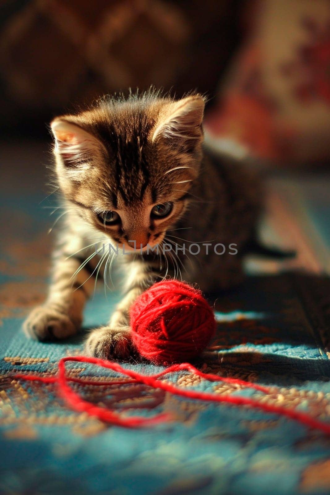 the cat plays with a ball of thread. Selective focus. animal.
