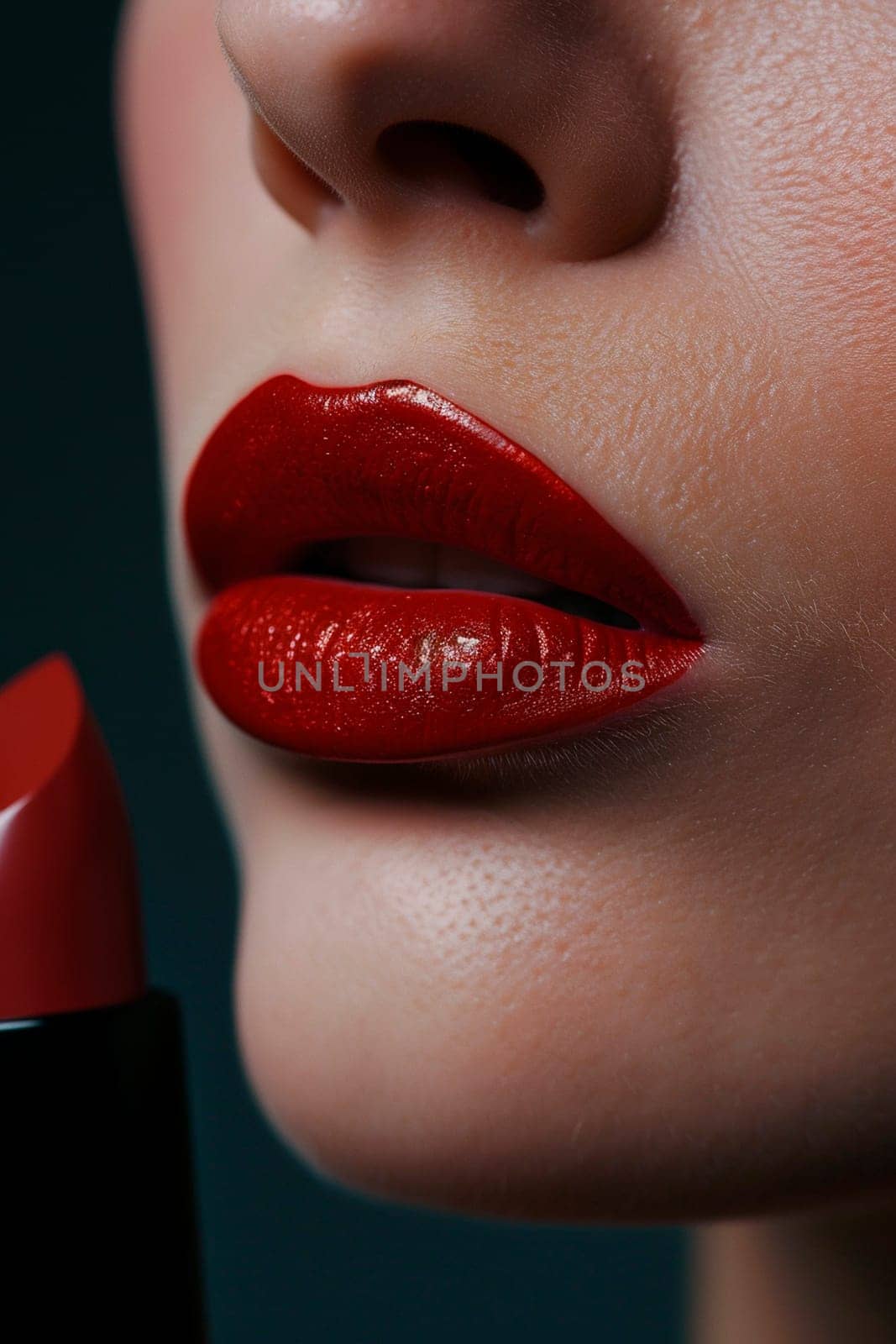 A woman paints her lips with red lipstick. Selective focus. by yanadjana