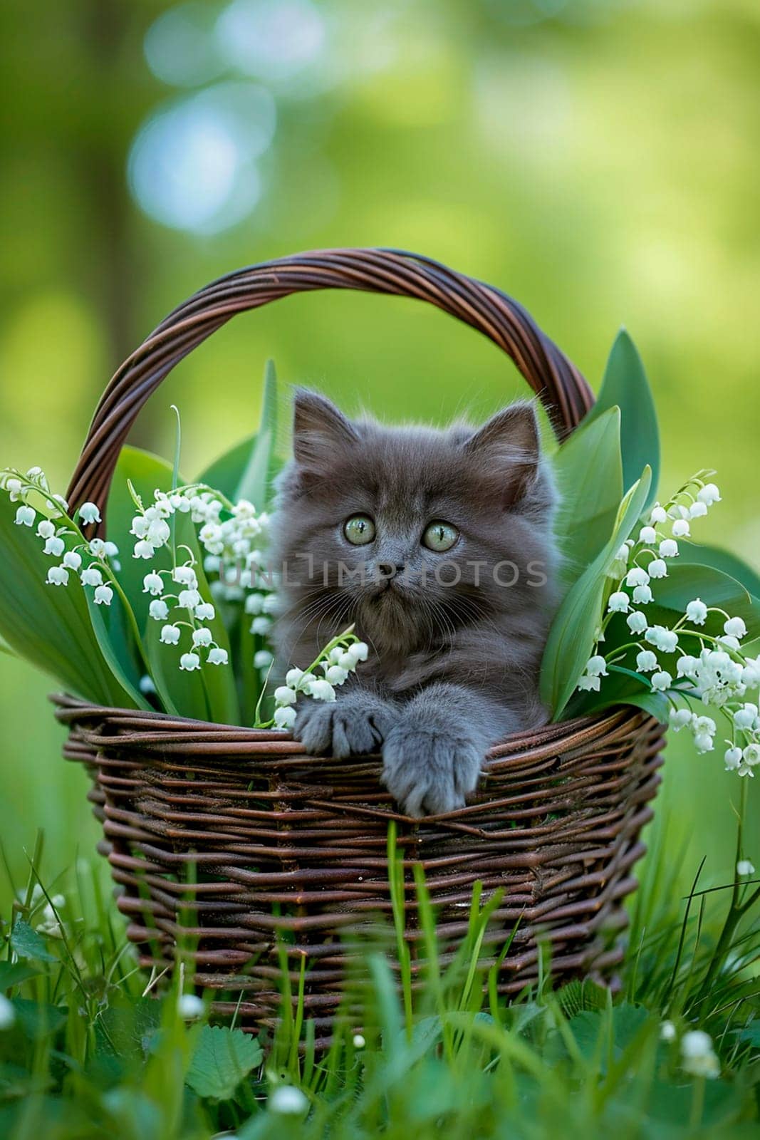 Kitten in a basket with lilies of the valley. Selective focus. by yanadjana