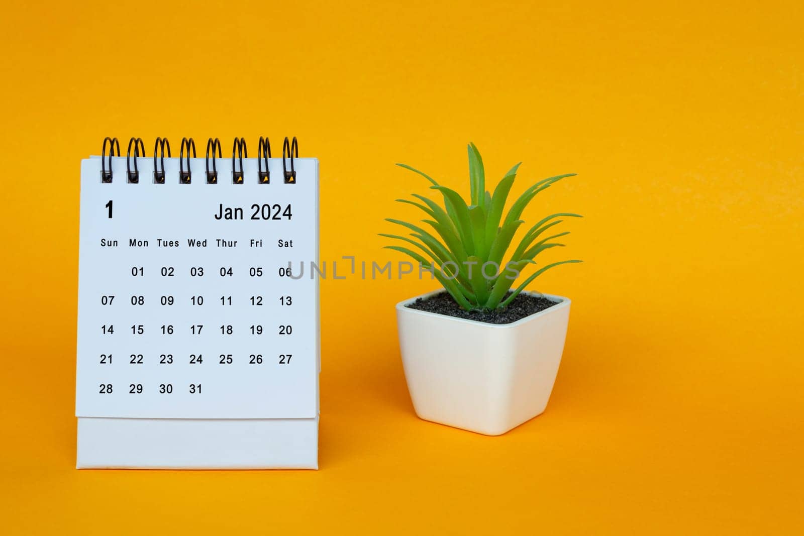 January 2024 desk calendar with potted plant on yellow background. Copy space.