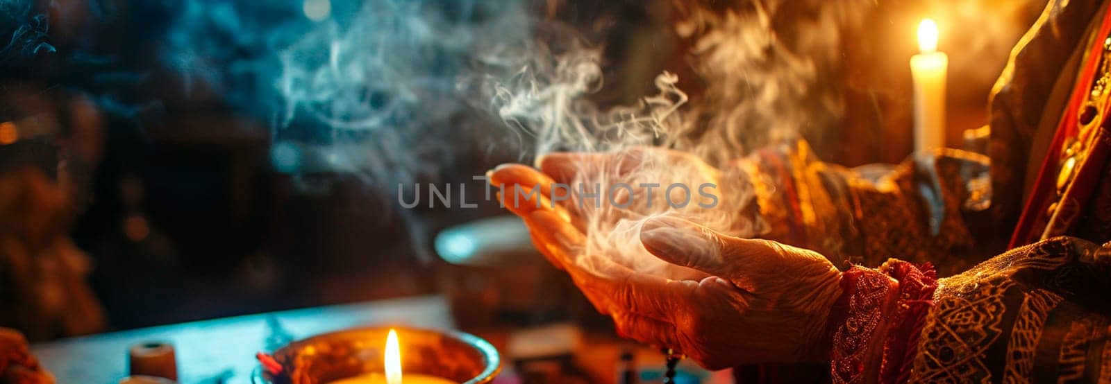 Fortune teller tells fortunes with candles and smoke. Selective focus. by yanadjana