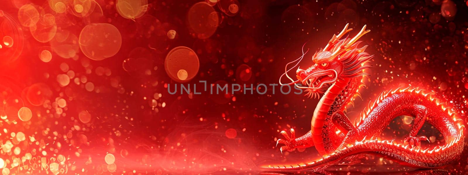 Chinese dragon on red background. Selective focus. by yanadjana