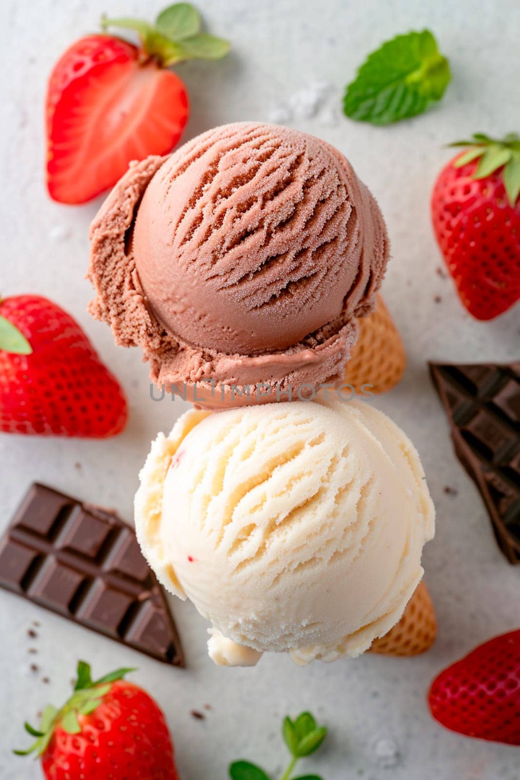 strawberry vanilla chocolate ice cream. Selective focus. food.