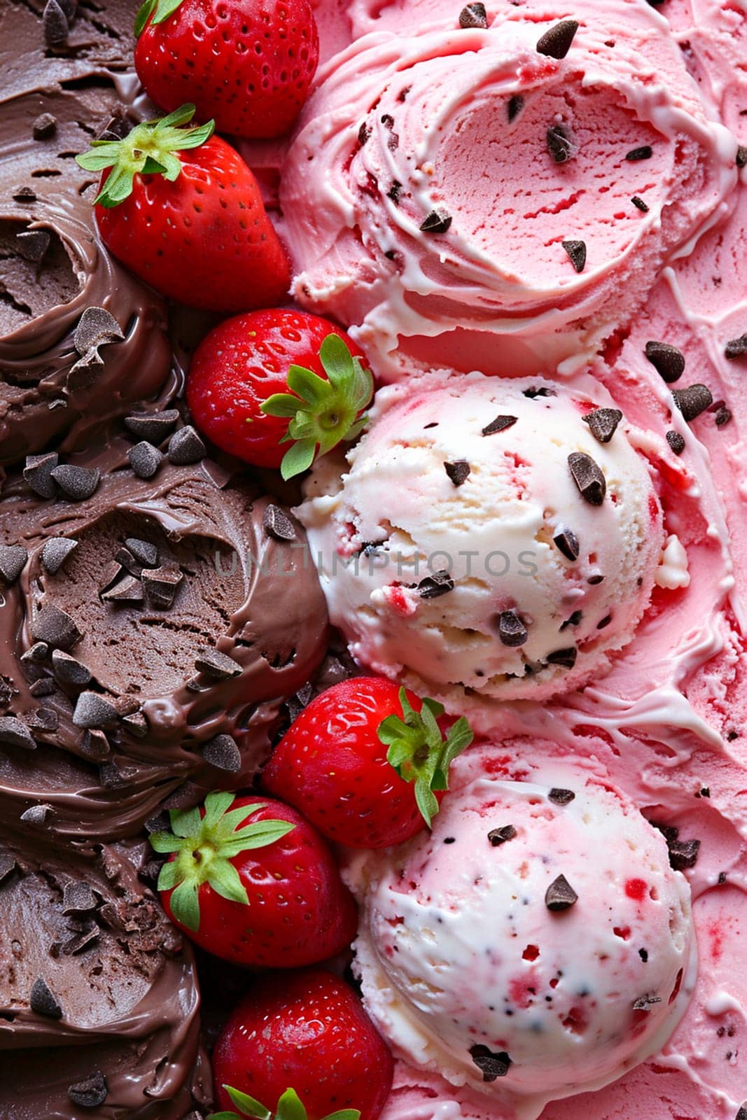 strawberry vanilla chocolate ice cream. Selective focus. food.