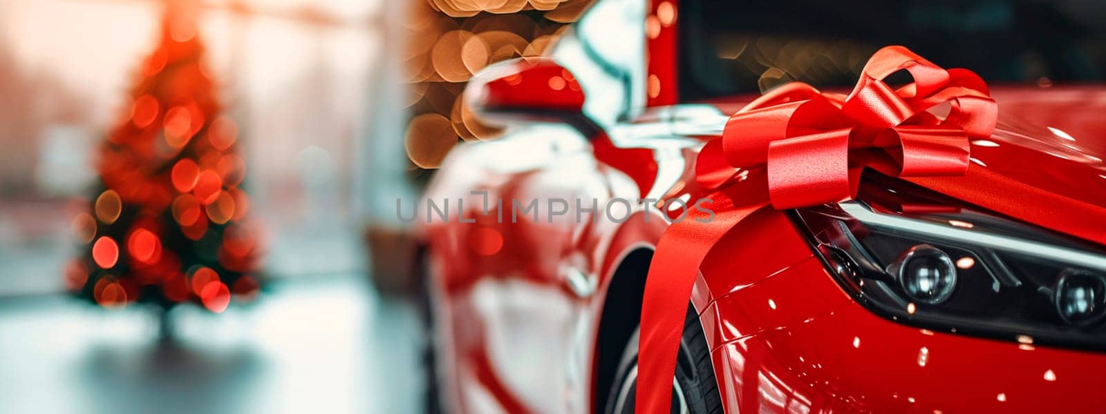red car with a bow gift. Selective focus. happy.