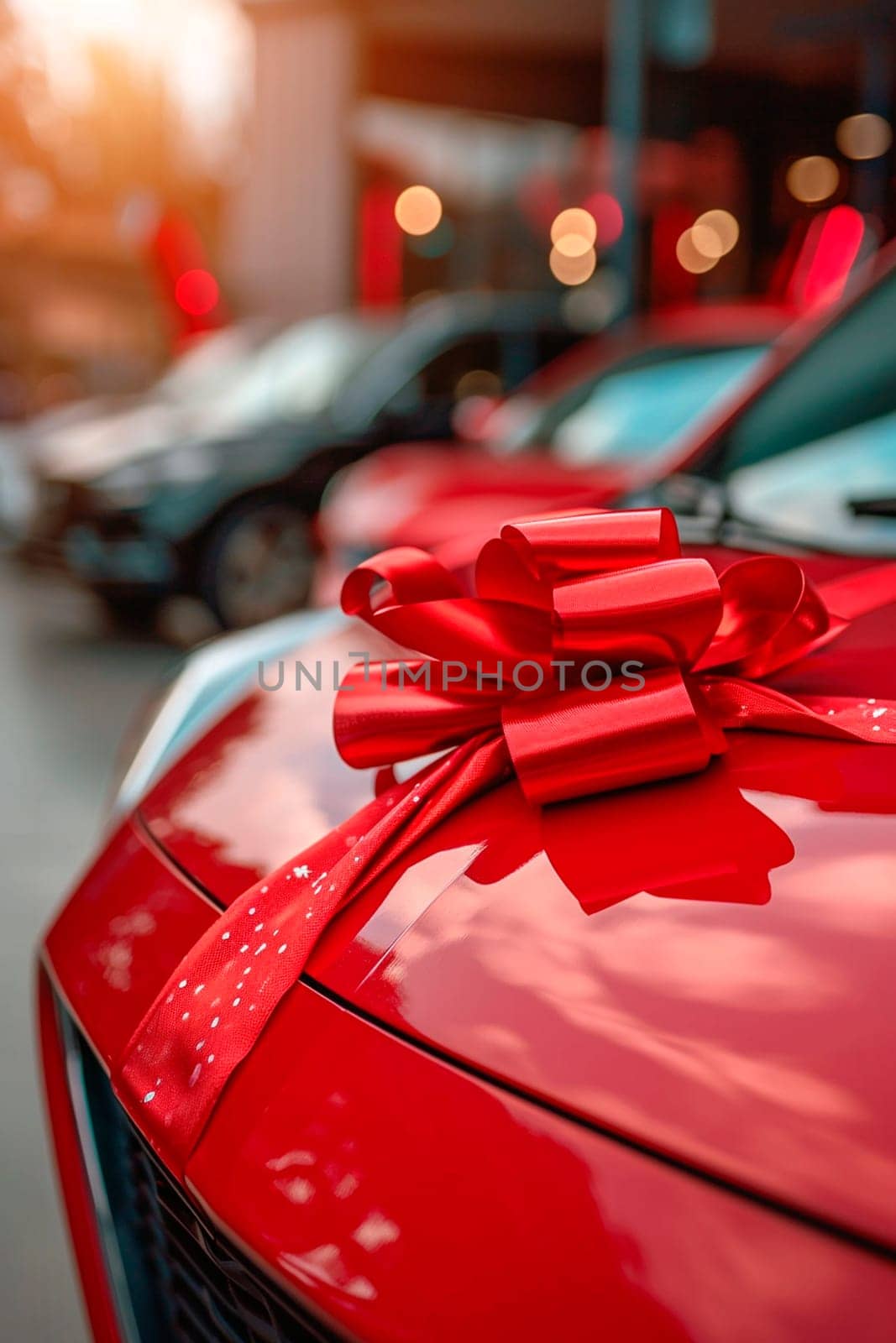 red car with a bow gift. Selective focus. happy.