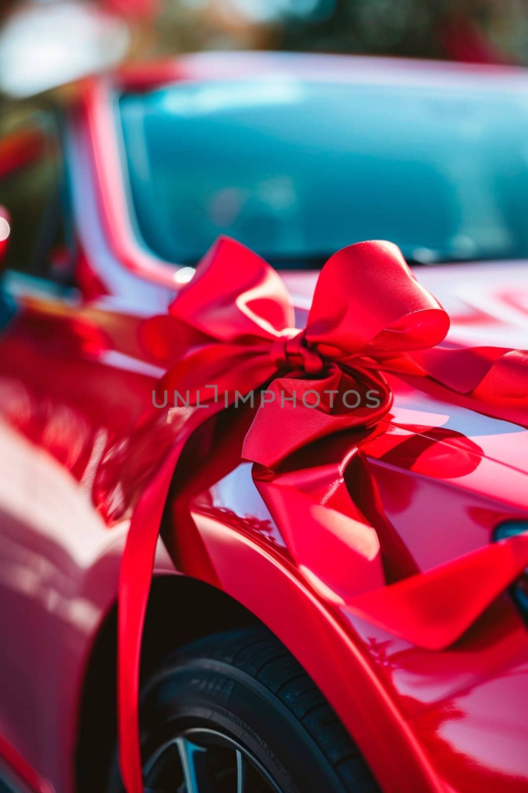 red car with a bow gift. Selective focus. by yanadjana