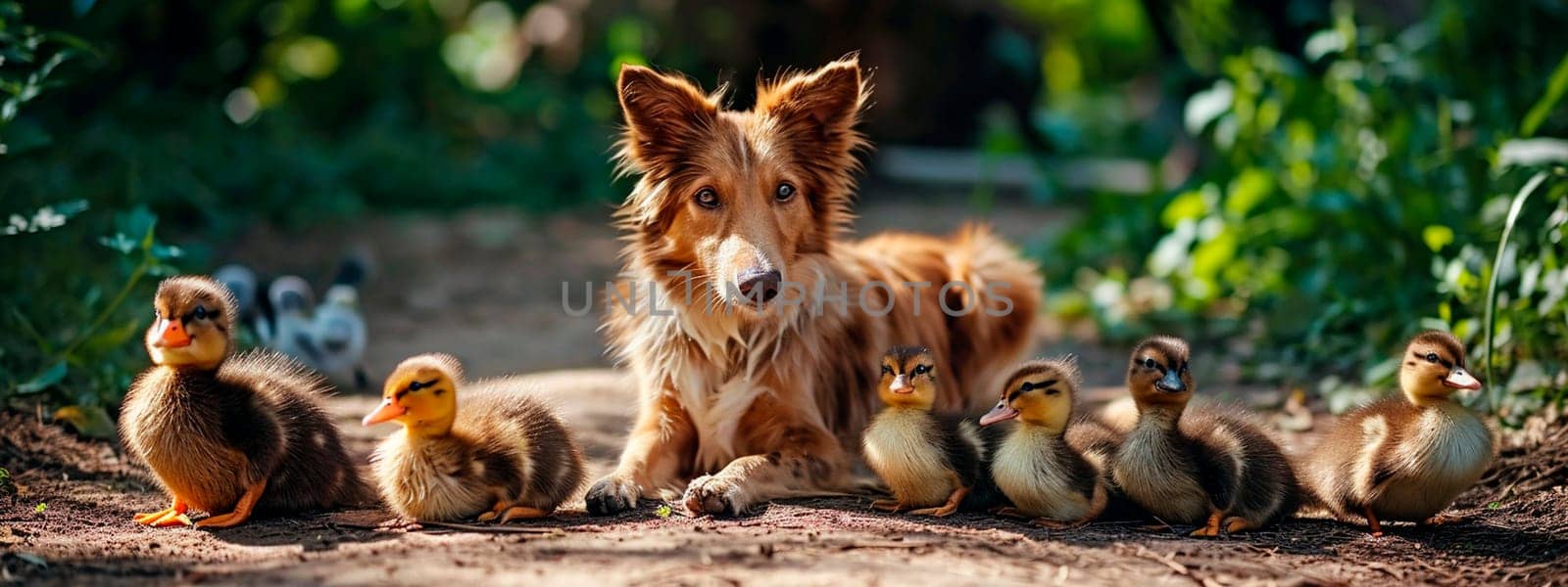 Dog with ducklings in the yard. Selective focus. by yanadjana