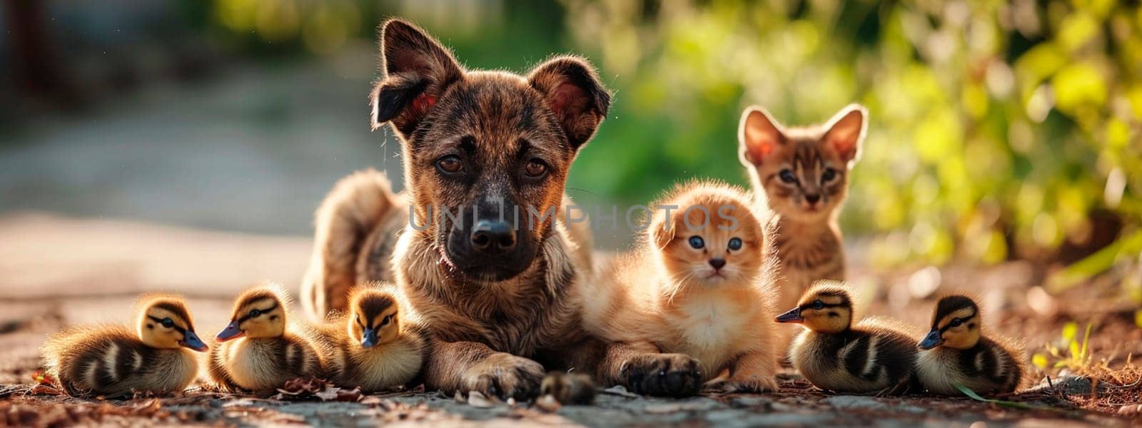 Dog with ducklings in the yard. Selective focus. by yanadjana