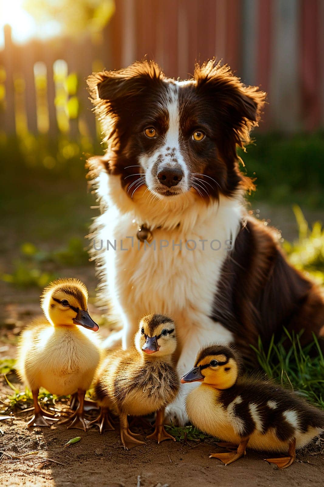 Dog with ducklings in the yard. Selective focus. animal.