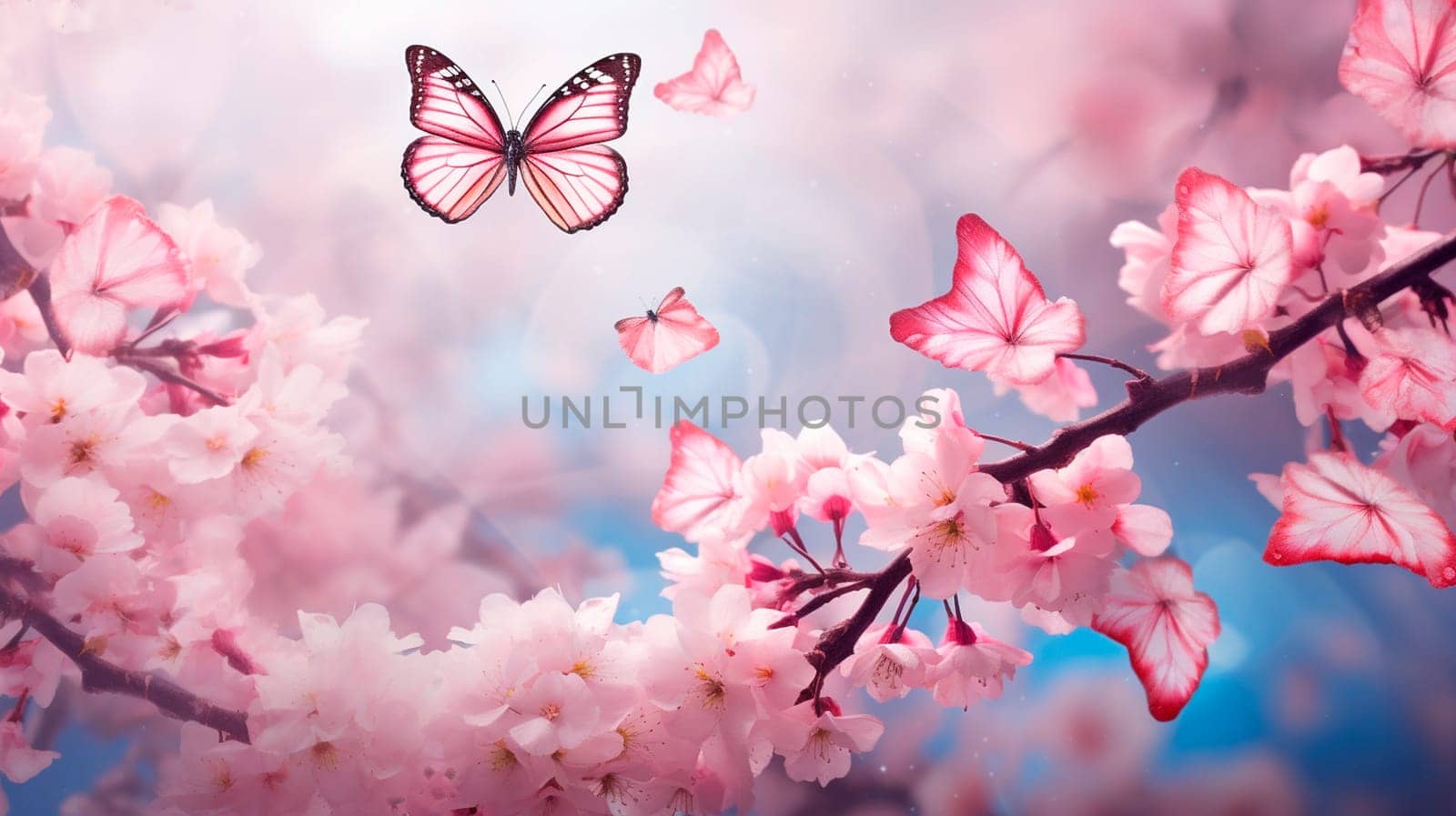 Butterflies against the background of cherry blossoms. Selective focus. by yanadjana