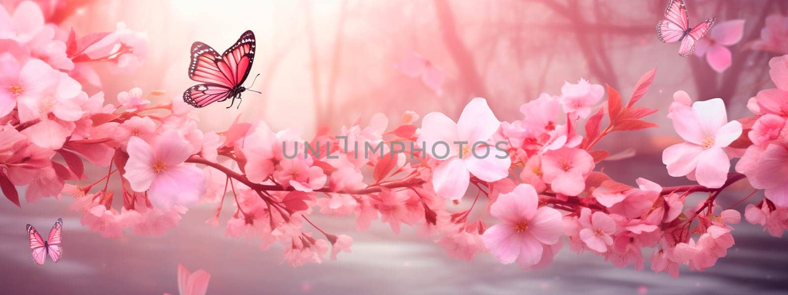 Butterflies against the background of cherry blossoms. Selective focus. Nature.