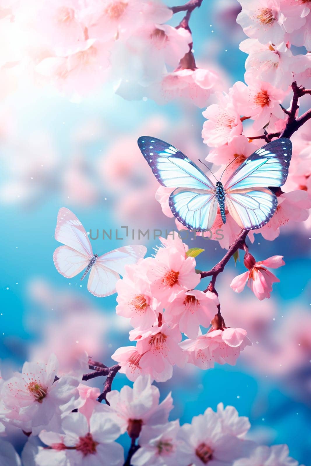 Butterflies against the background of cherry blossoms. Selective focus. by yanadjana