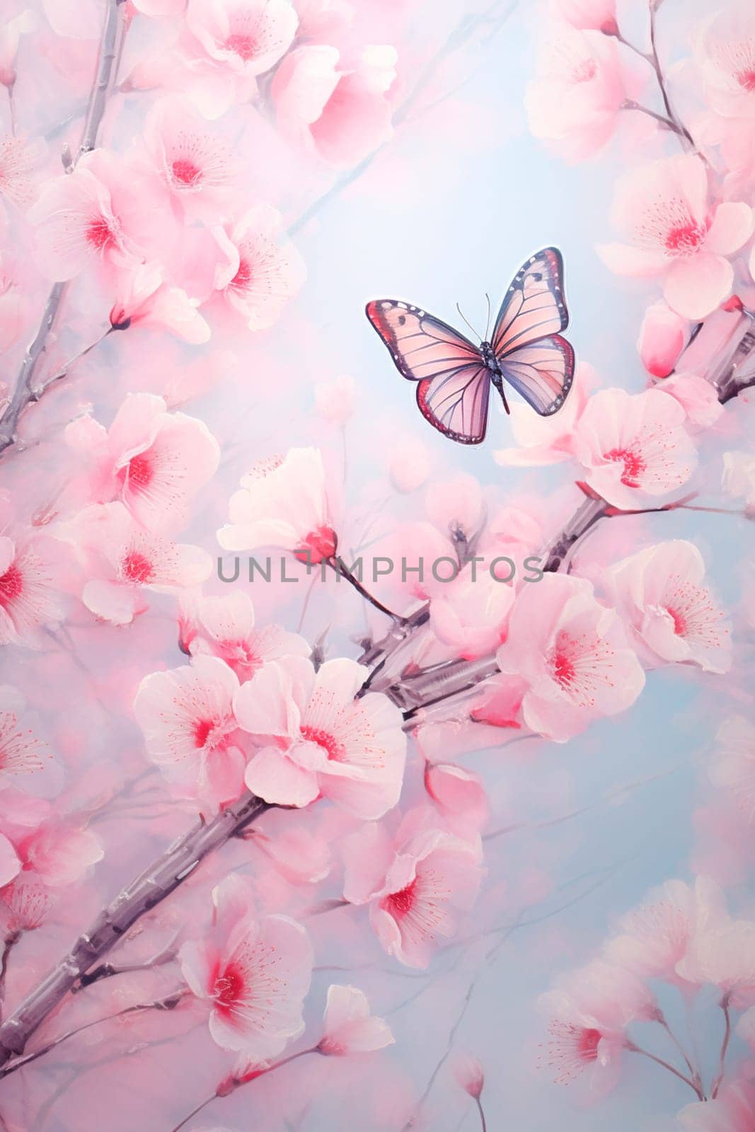 Butterflies against the background of cherry blossoms. Selective focus. Nature.