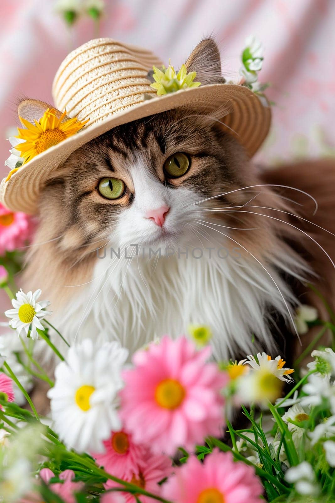 portrait of a cat in a hat in flowers. Selective focus. by yanadjana