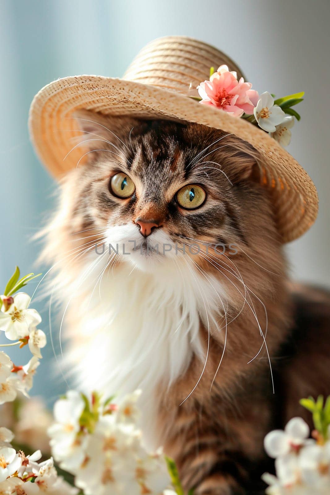 portrait of a cat in a hat in flowers. Selective focus. animal.