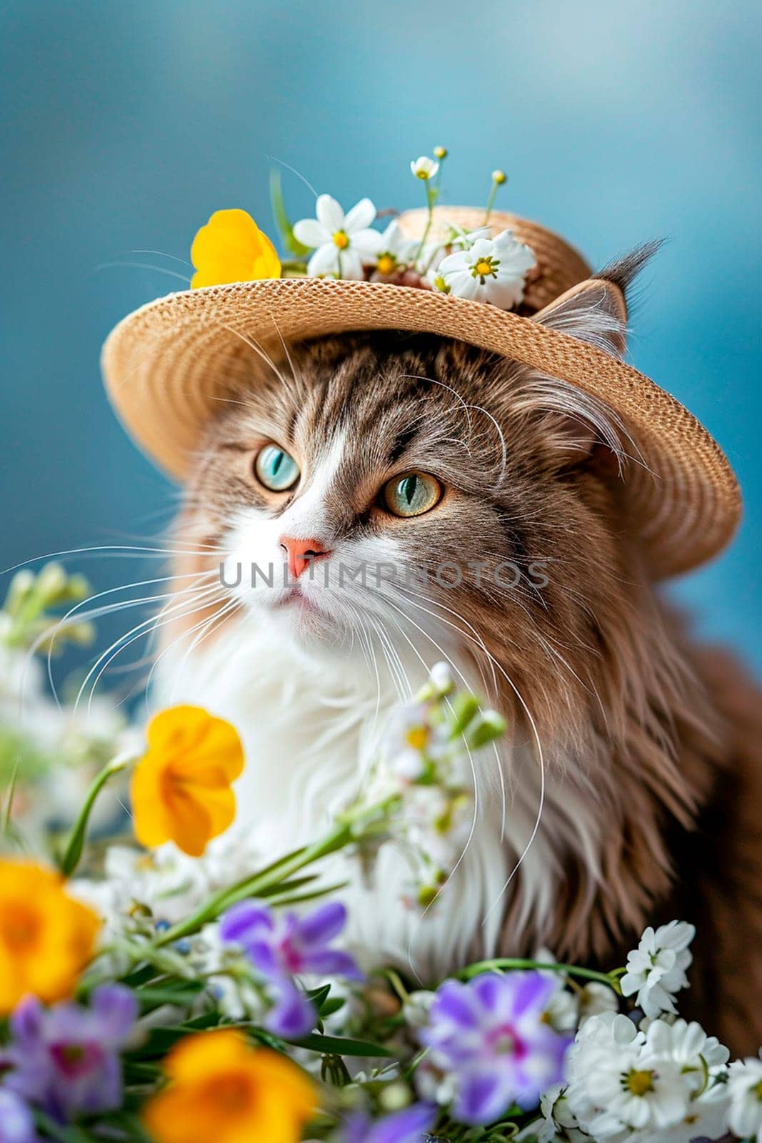 portrait of a cat in a hat in flowers. Selective focus. by yanadjana