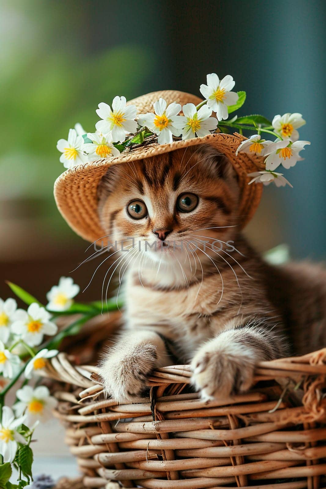 portrait of a cat in a hat in flowers. Selective focus. animal.