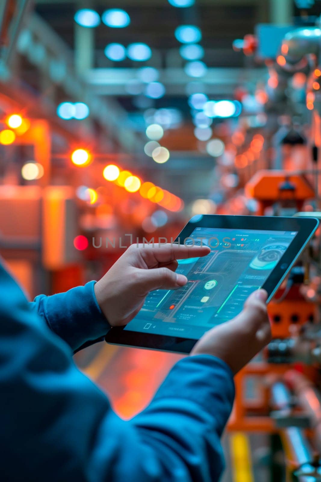 A man controls a robot from a tablet. Selective focus. People.