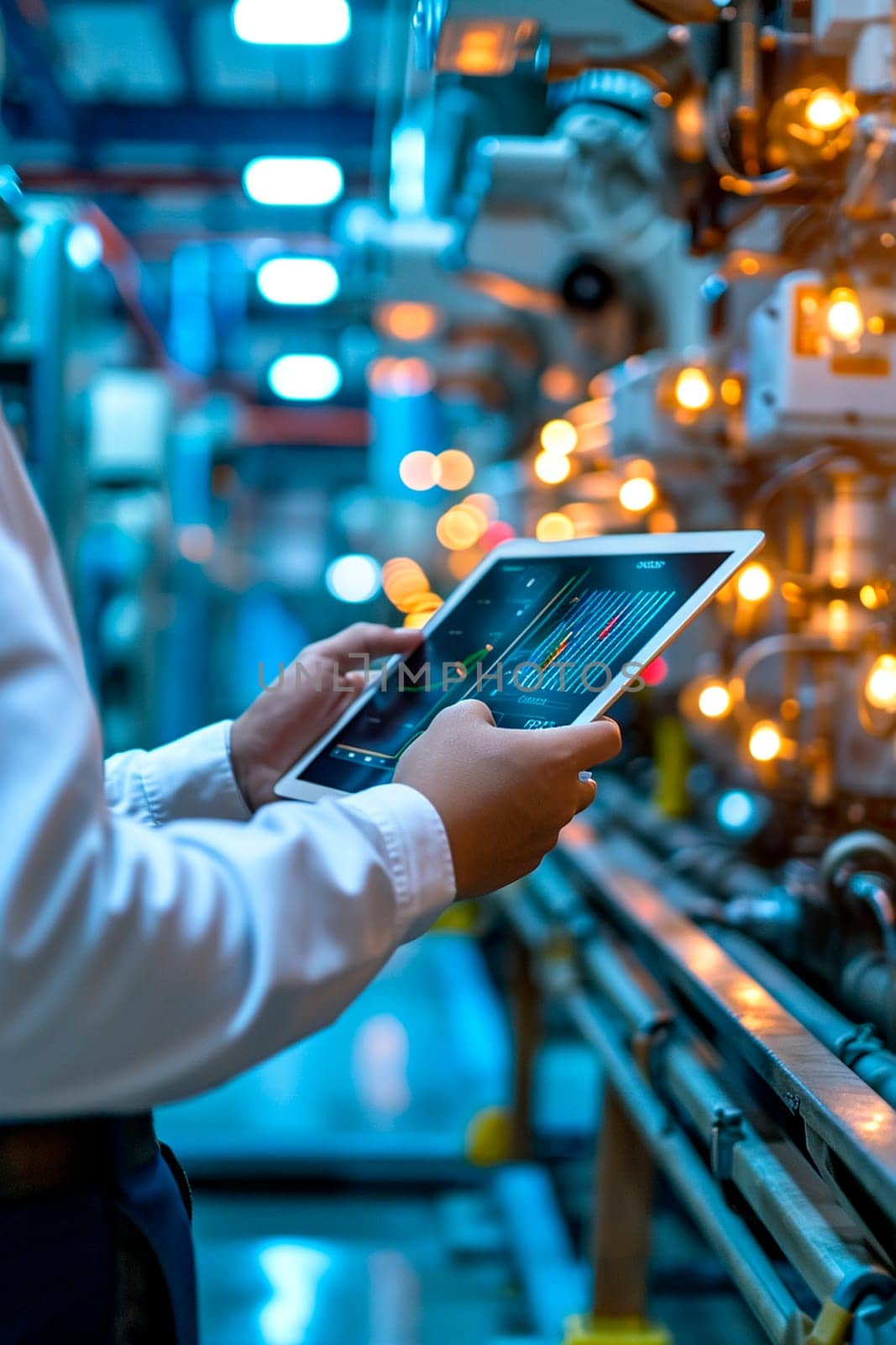 A man controls a robot from a tablet. Selective focus. People.