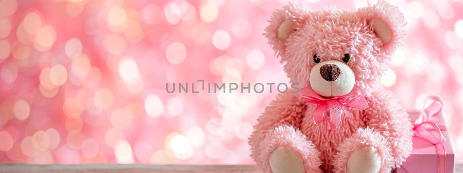 Pink bear gift for the holiday. Selective focus. Happy.