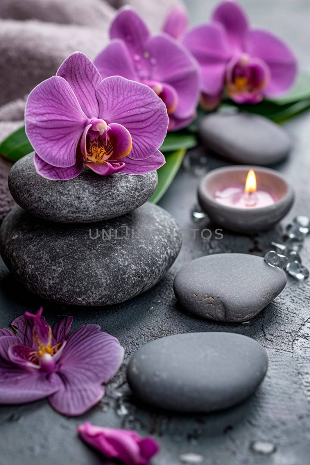 Orchids and stones on a gray spa background. Selective focus. Nature.