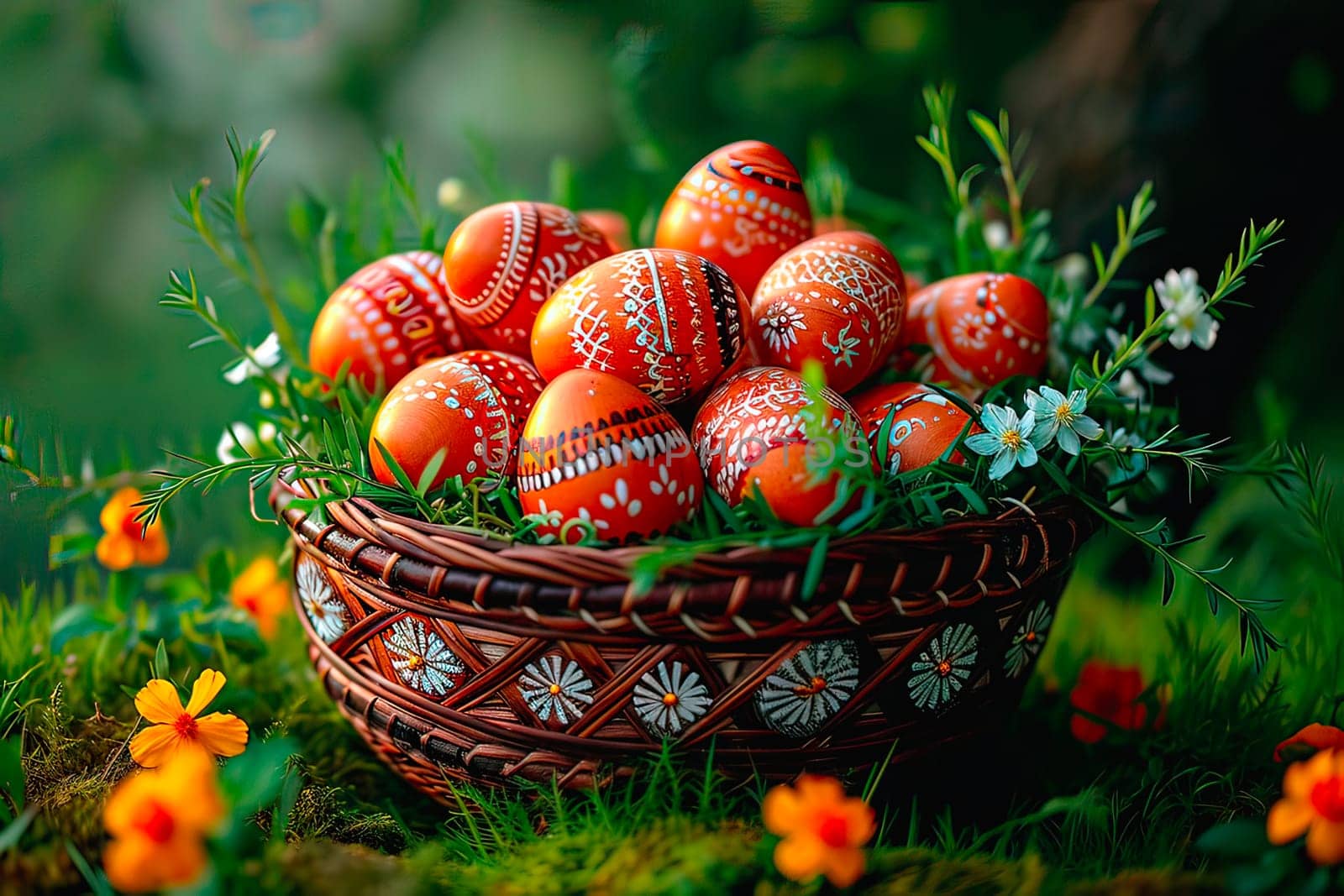 A wicker basket full of Easter eggs stands on the lawn in the garden. Small yellow flowers grow next to it. Close-up of the basket full of Easter eggs. Blurred background.