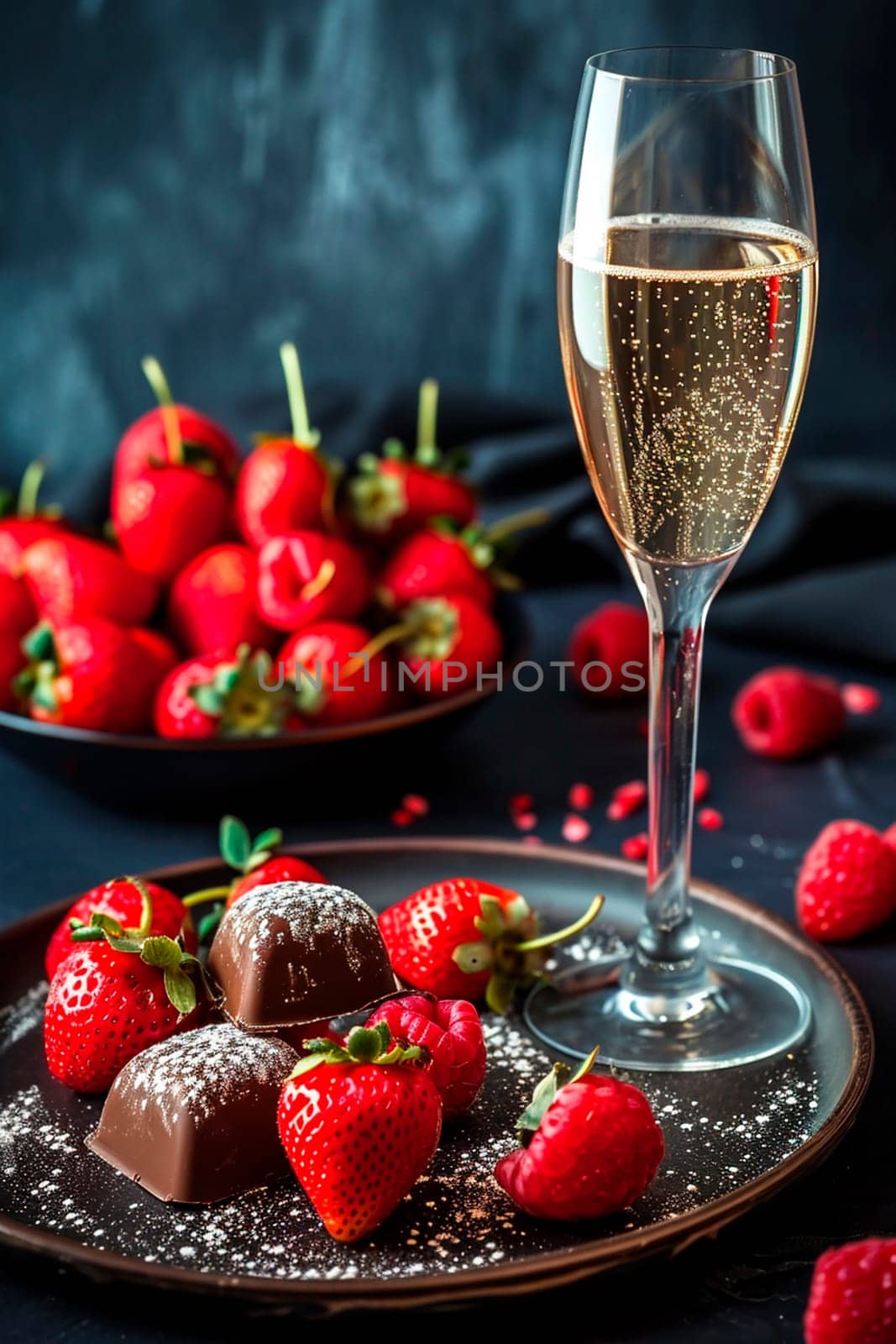 Champagne and strawberries for Valentine's Day. Selective focus. Drink.