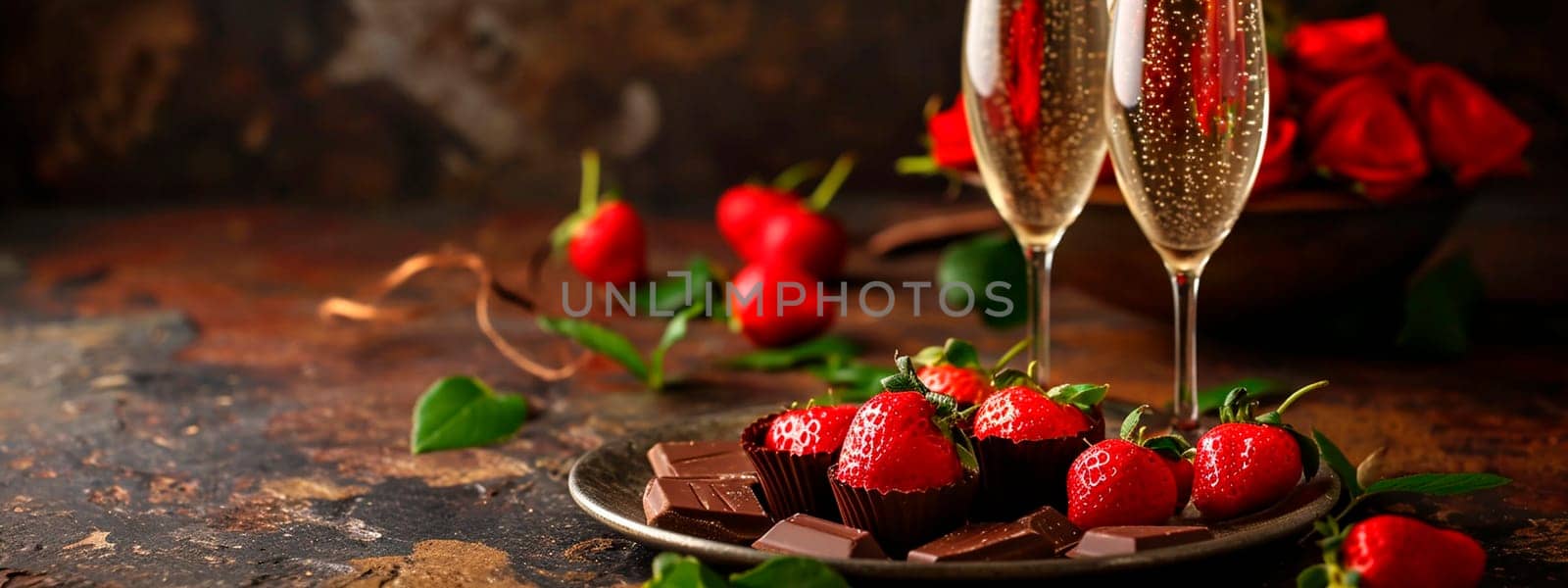 Champagne and strawberries for Valentine's Day. Selective focus. by yanadjana