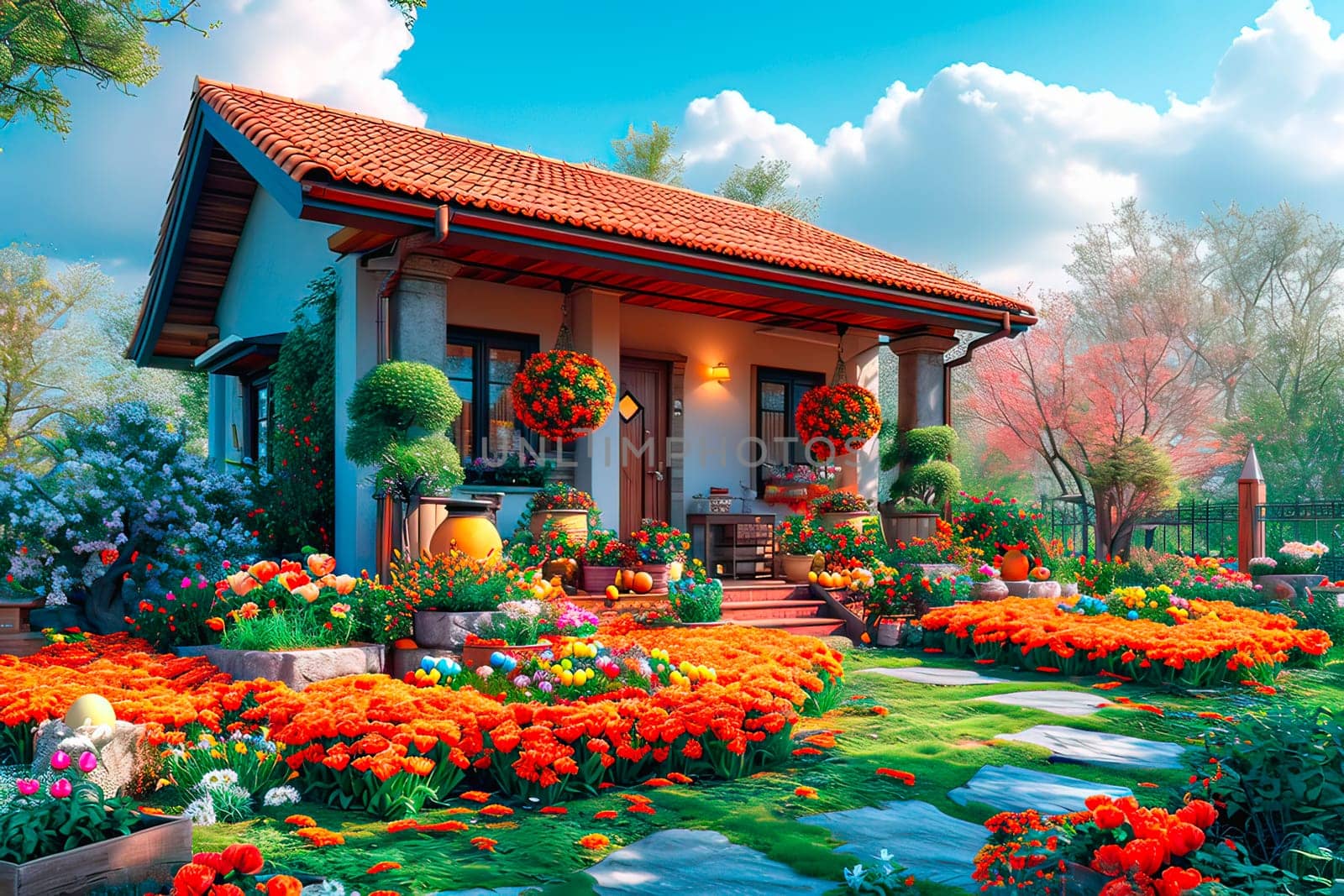 Home garden with a variety of plants. A large number of orange flowers grow along the path leading to the house. Decorative plants are hung on the porch.