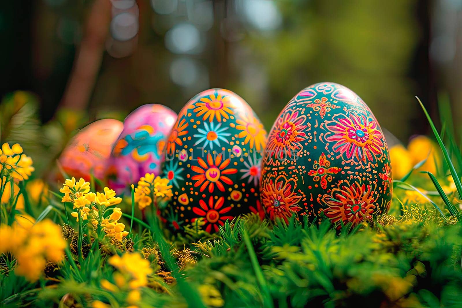 Small yellow flowers grow in the meadow. A close-up of the Easter eggs standing on the grass. The Easter eggs are decorated with paints in blue, yellow and green.