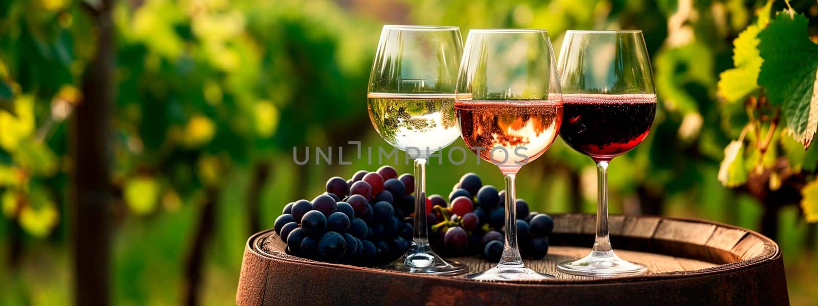 Three glasses of red, rose and white wine in the garden. Selective focus. by yanadjana