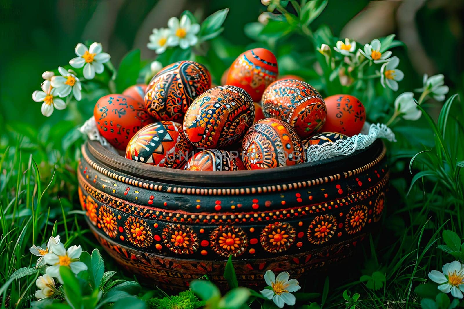 A large clay bowl with handicraft patterns stands on the lawn. It is filled with Easter eggs, which are decorated in an original way.