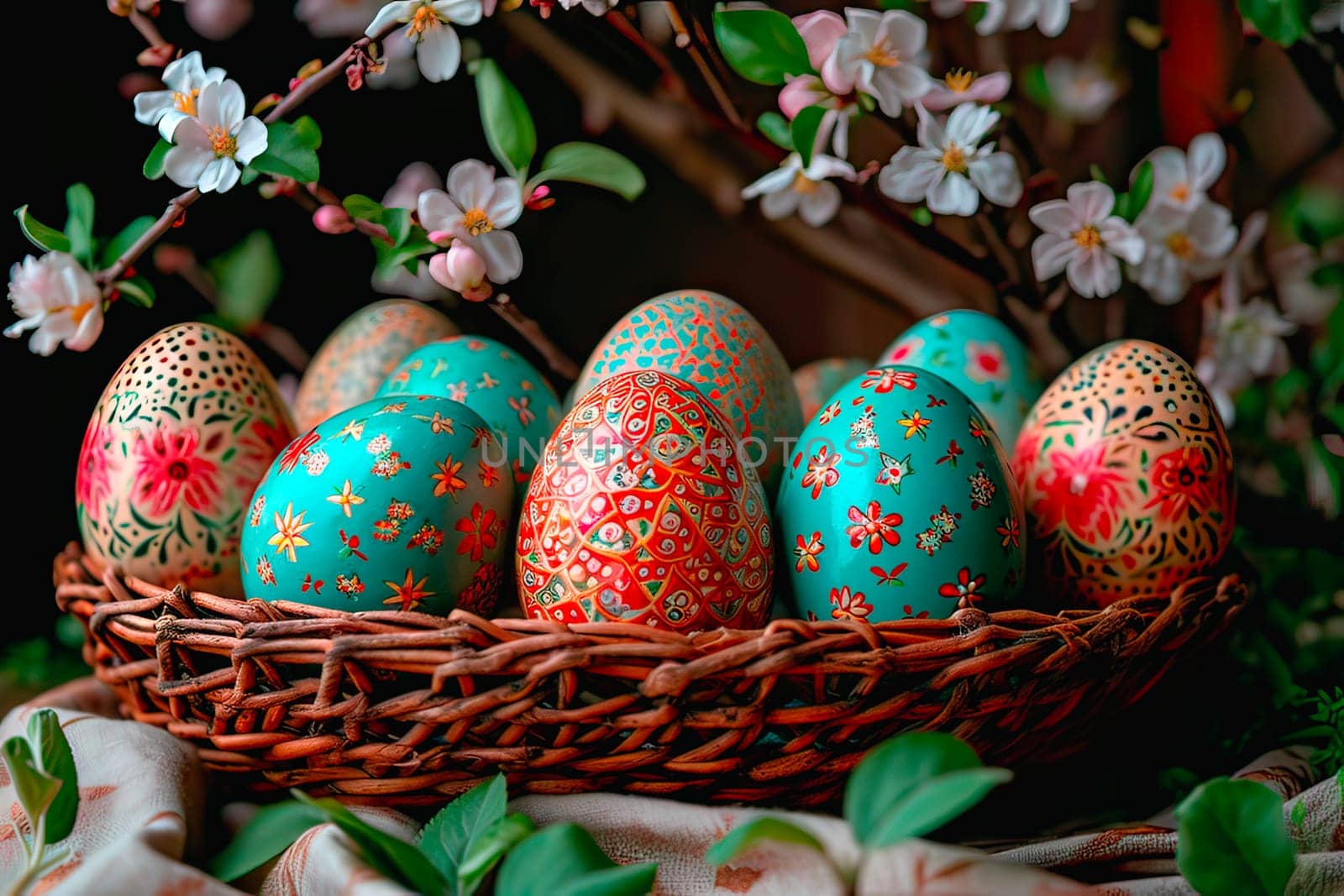 Close-up of colourful Easter eggs in a wicker basket. Tree branches hang above the Easter eggs. Spring flowers grow on the branches.