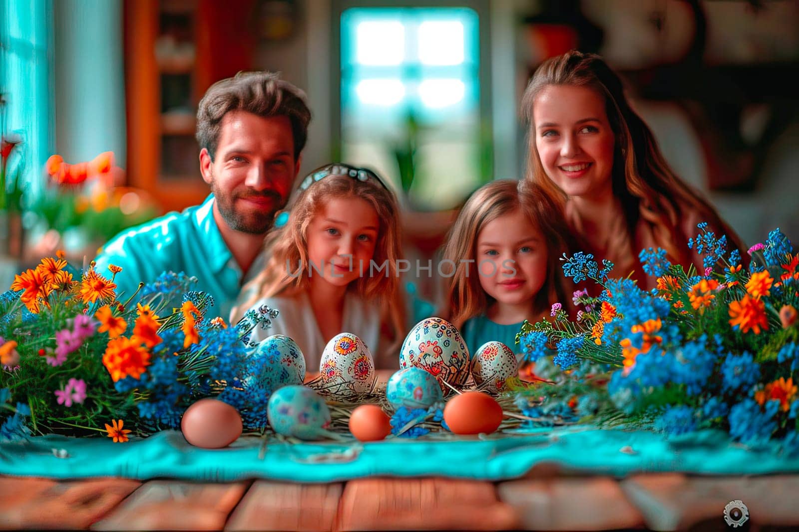 A large number of orange and blue flowers lie on the table. Between the flowers lie eggs and colourful Easter eggs in patterns, In the background you can see blurred figures of a woman, a man and two girls.