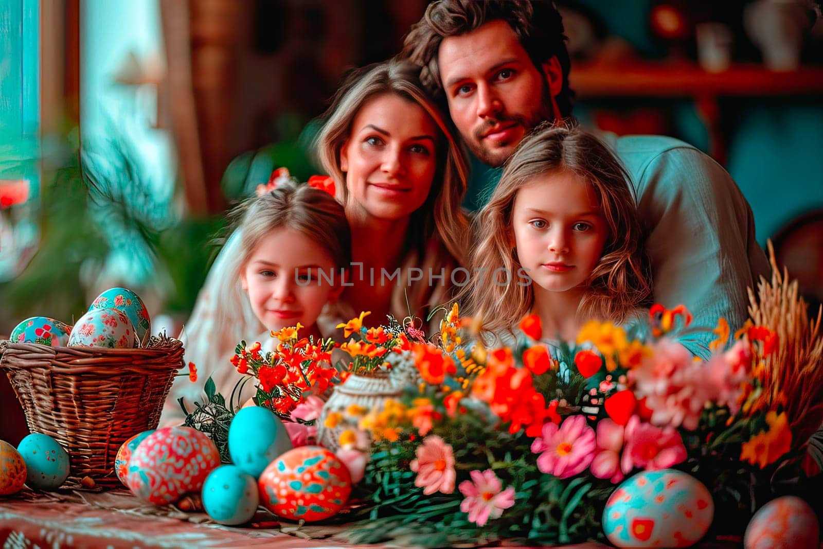 Easter centrepieces are visible in the foreground. Various flowers and colourful Easter eggs in different shades and sizes lie next to each other. In the back, four figures can be seen. A woman, a man and two children are smiling.