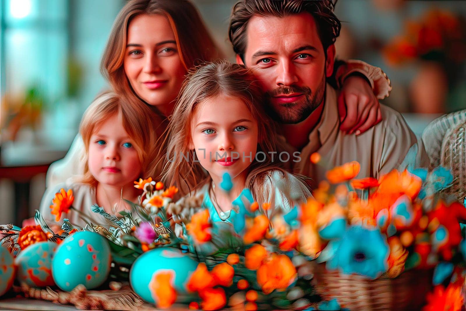 Mum, dad and two daughters celebrate Easter together at home. by fotodrobik