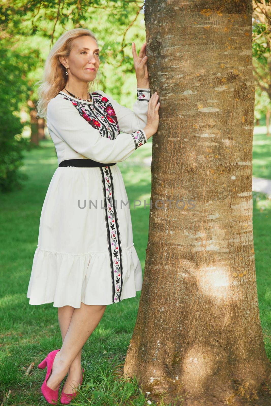 Hammel, Denmark, May 28, 2023: Beautiful mature woman in ukrainian embroidered dress